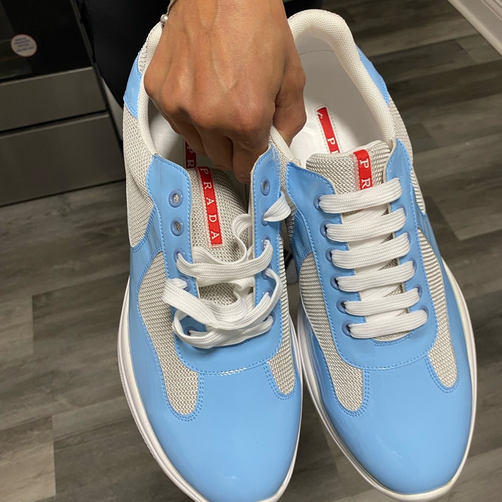 Prada Men's Sky Blue and White Sneakers